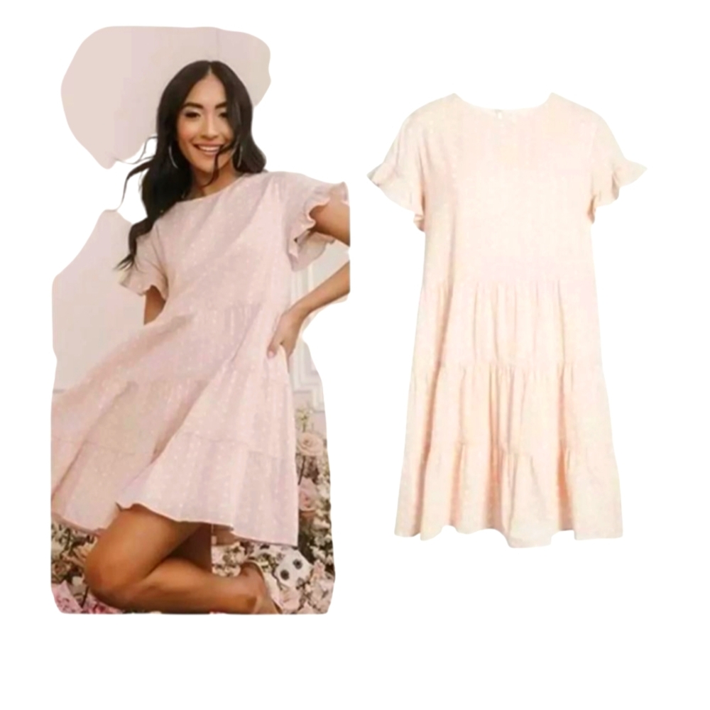 Rachel Parcell Oversized Babydoll Ruffle Cotton Polka Dot Pink Sleeve Mini
